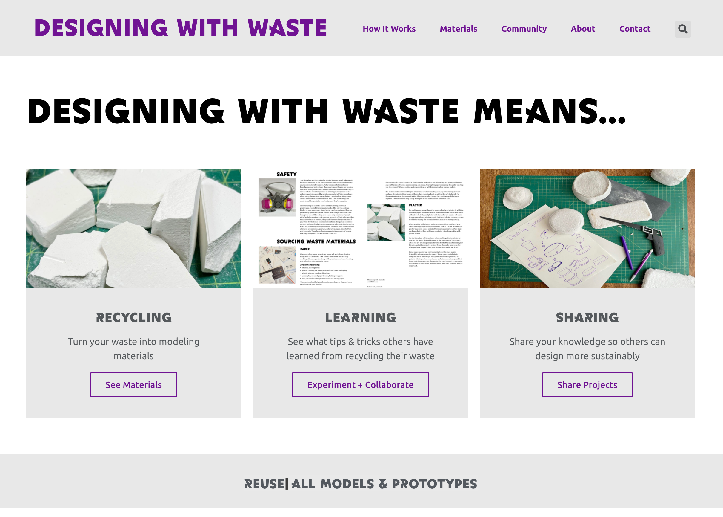 screenshot of the Designing with Waste home page. Oversized text says, "Designing with Waste Means..." Below that are three clickable tiles titled "recycling", "learning", and "sharing"