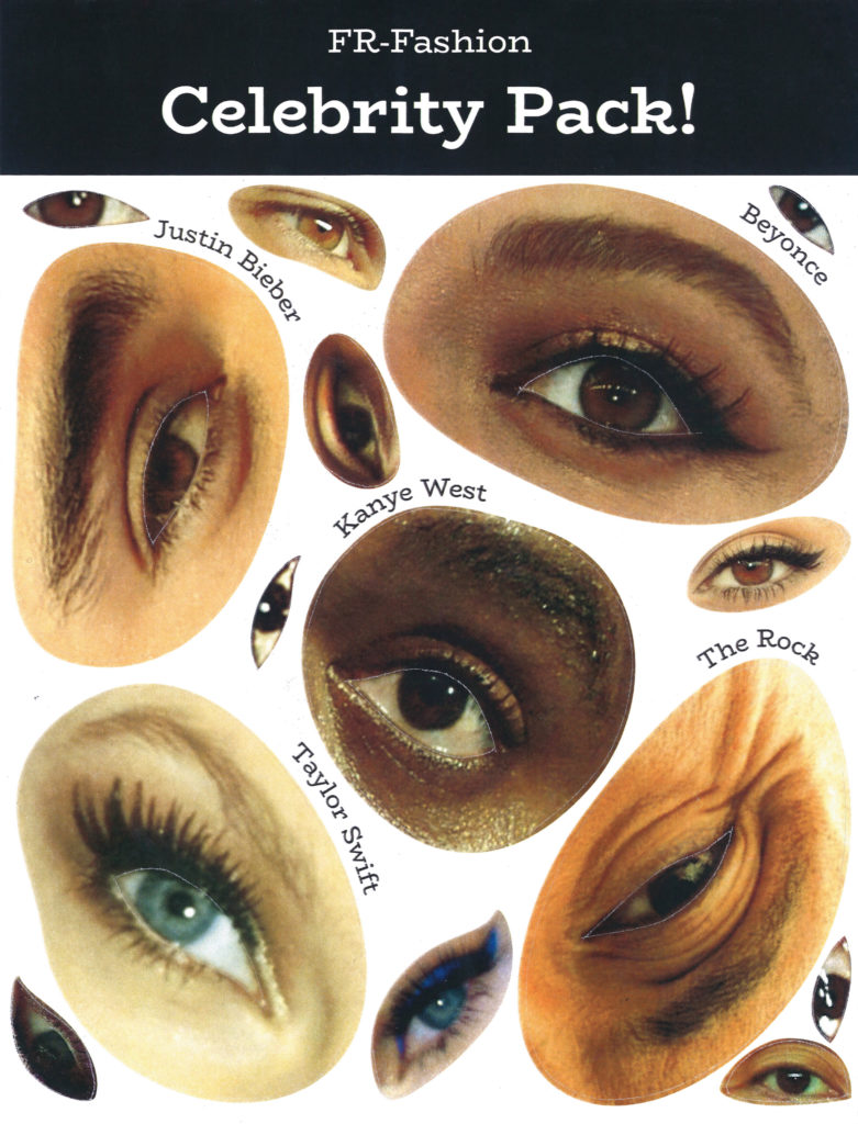 sticker pack featuring eyes of different sizes from Justin Bieber, Beyonce, Kanye, Taylor Swift, and the Rock