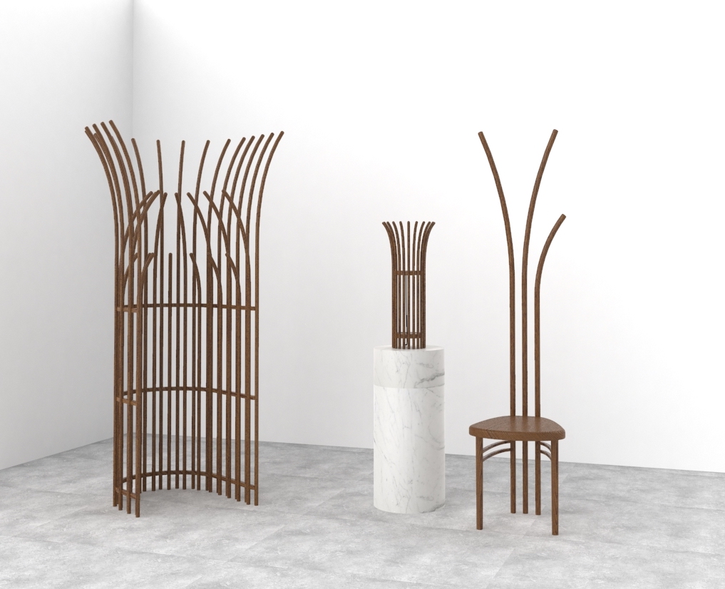 render of a wardrobe rack, lamp on a pedestal, and a chair in a white space