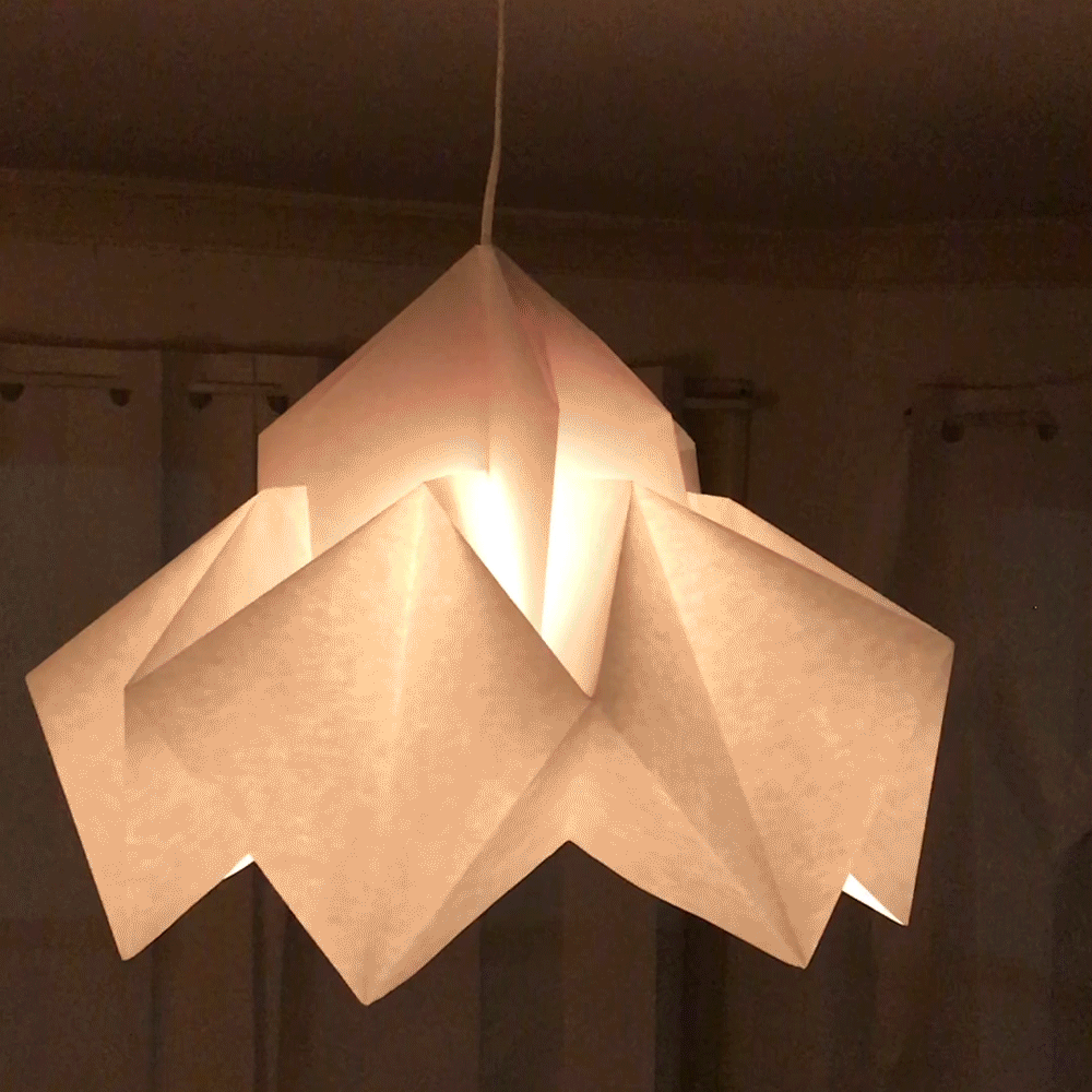 gif of a paper chandelier as the camera zooms in from showing the whole chandelier to going up the chandelier to show the geometric interior, the chandelier is faceted and vaguely flower-like